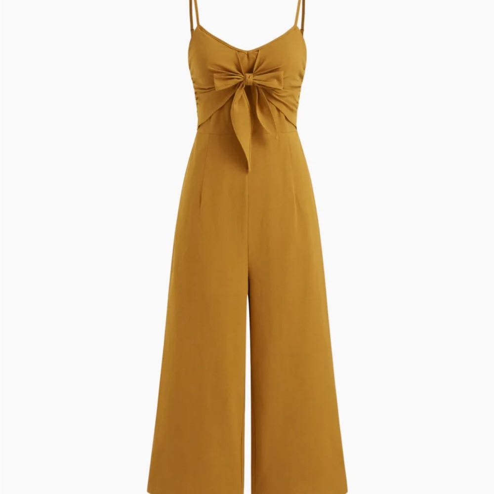100% Cotton Mustard Tie-Front Jumpsuit with Pockets